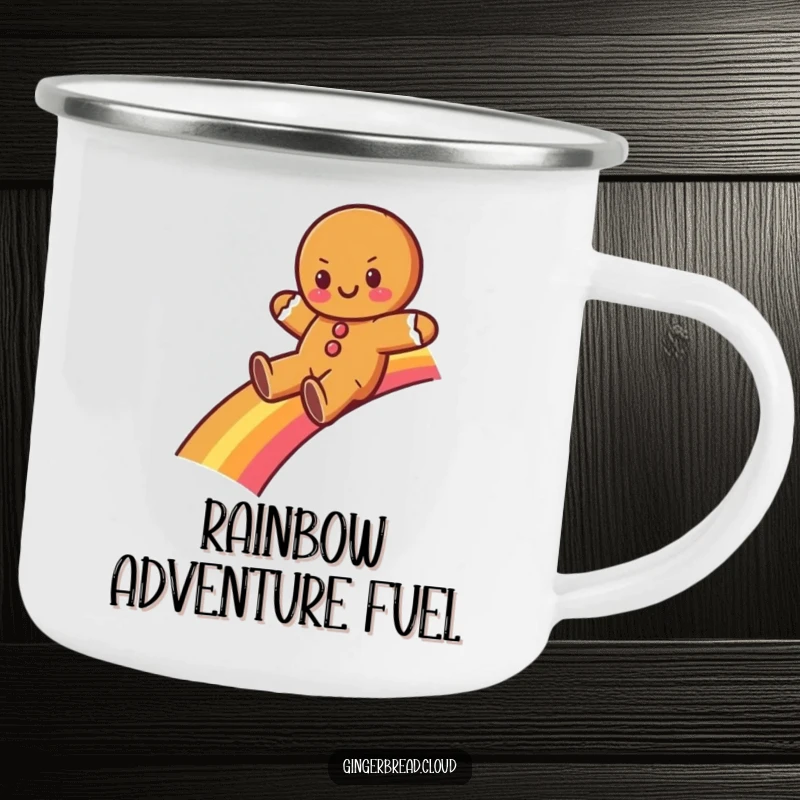 Funny gingerbread character sliding down a rainbow on a sturdy camping mug. Perfect for enjoying drinks outdoors with magic.
