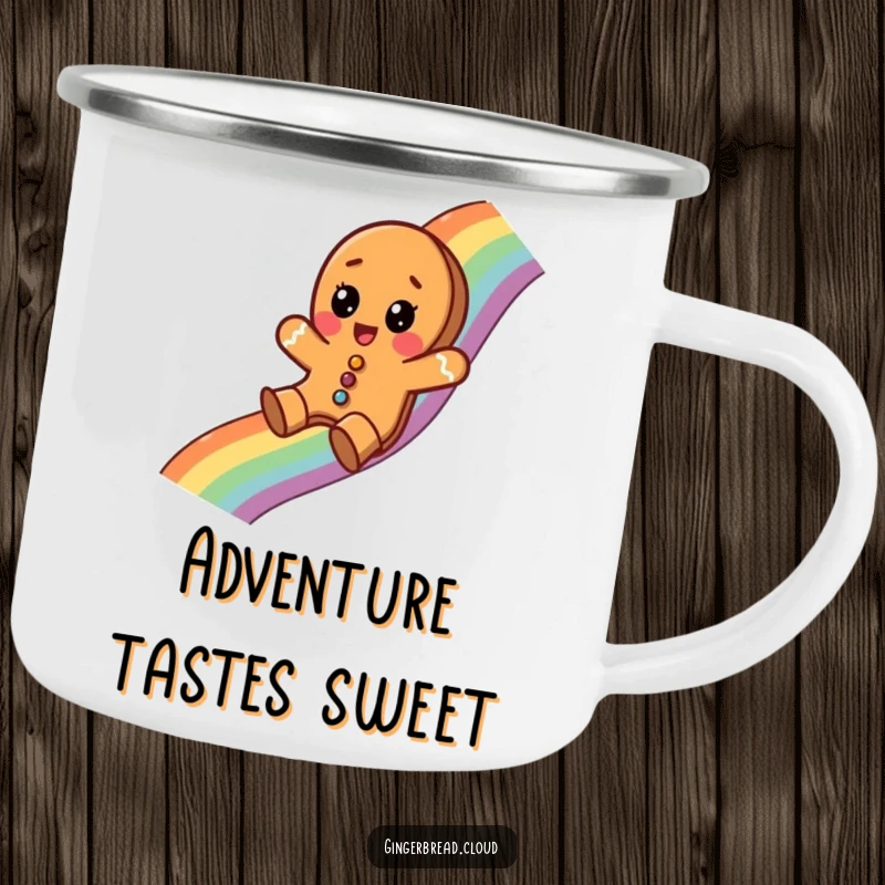 Funny camping mug showing a gingerbread cookie surprised while sliding down a rainbow, perfect for magical outdoor moments.