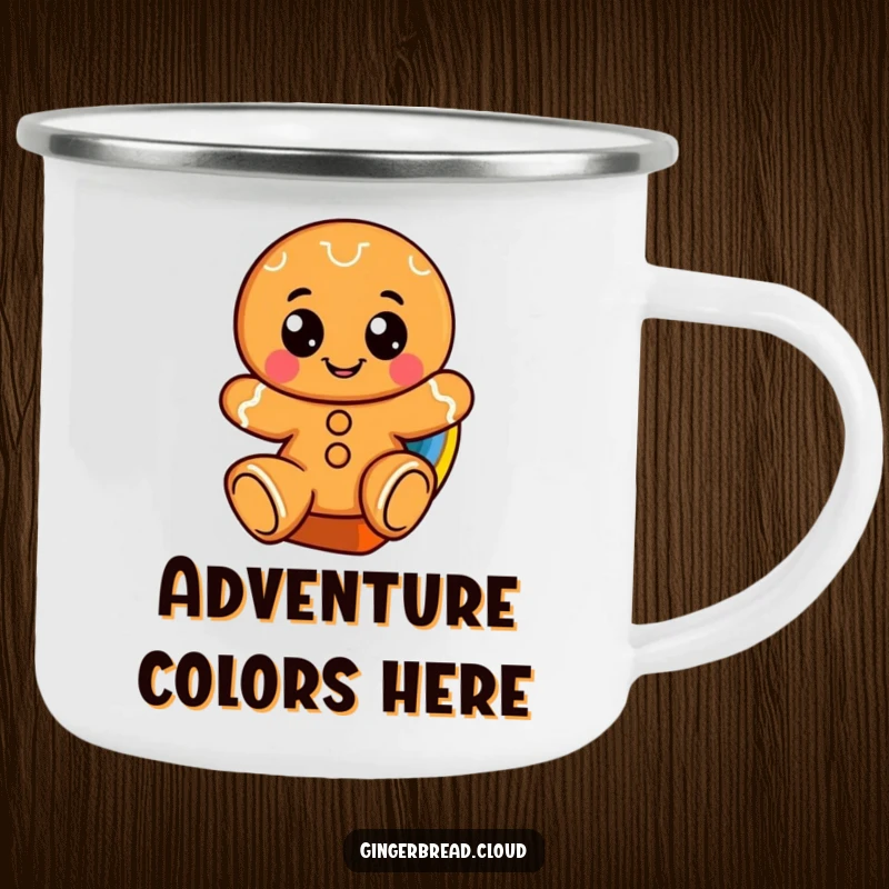 Funny camping mug with a cheerful gingerbread character with large eyes sliding down a rainbow.