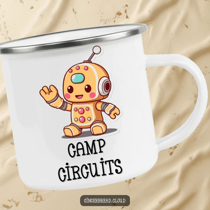 Funny camping mug with a gingerbread robot character waving a sugary antenna, perfect for outdoor adventures.