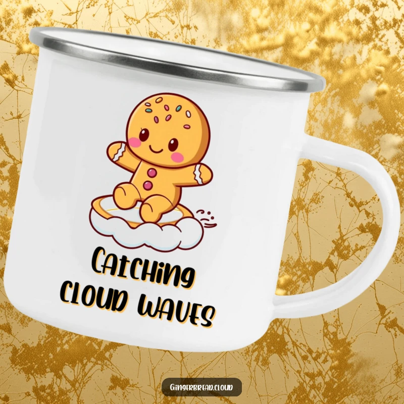 Funny Camping Mug: Enamel mug with a cute gingerbread cookie with sprinkles, coolly surfing on a cloud.