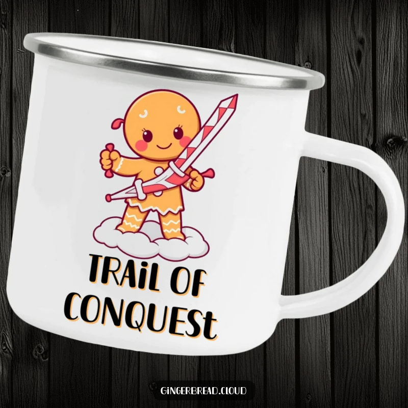 Funny camping mug featuring a determined gingerbread person with a candy cane sword, ready for action on a cloud.
