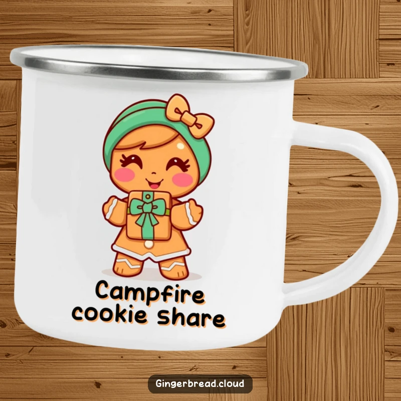 Funny gingerbread woman camping mug showing a happy character offering a cookie gift, ready for sweet sips and outdoor kindness.