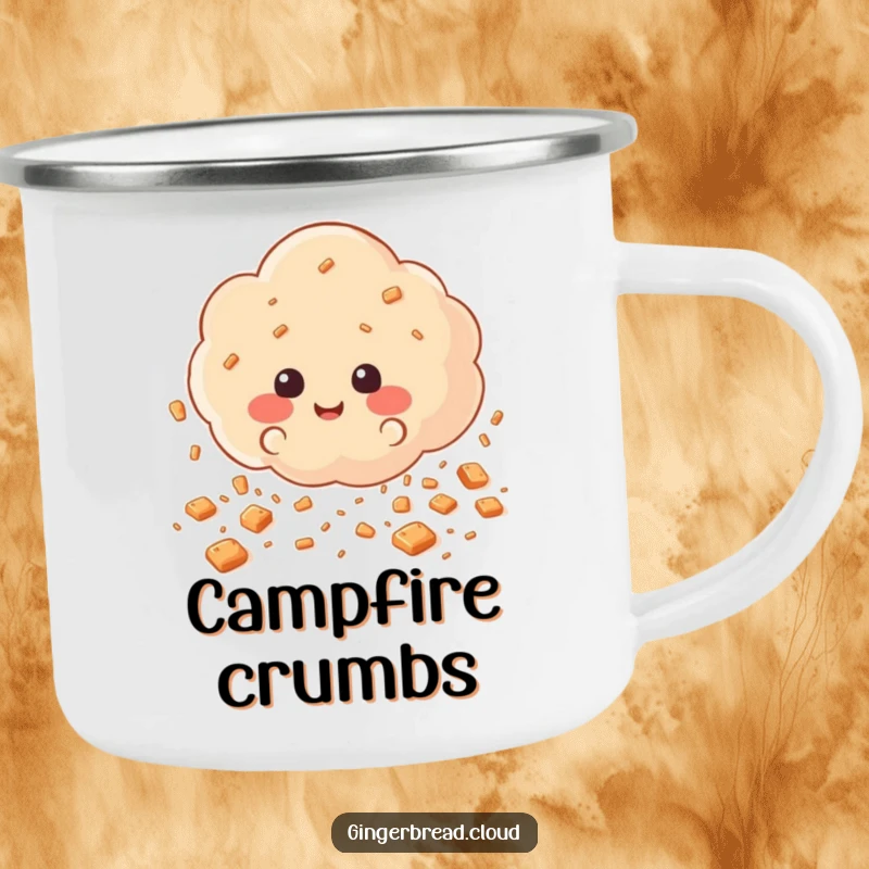 Funny Camping Mug featuring a cloud scattering happy gingerbread cookie crumbs like rain, a humorous and durable cup for outdoor enjoyment.