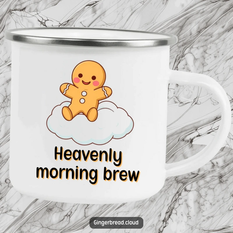 Funny gingerbread man camping mug, showcasing a happy gingerbread cookie character floating on a cloud, built for sweet adventures.