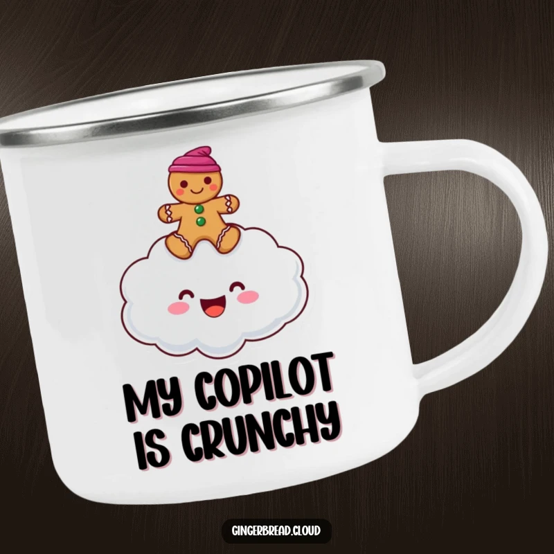 Funny camping mug showing a happy cloud character giving a gingerbread man a ride through a bright sky.