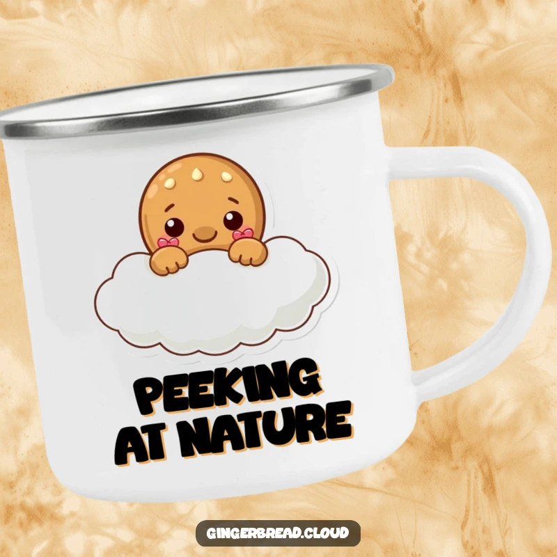 Funny camping mug with a gingerbread character playfully peeking from a cloud, perfect for enjoying drinks in nature.