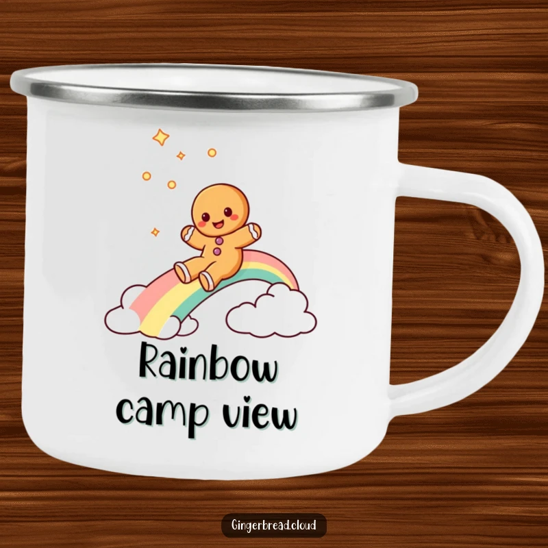 Funny gingerbread cookie camping mug, showcasing a gingerbread cookie character gleefully sliding down a rainbow, built for joyful adventures.