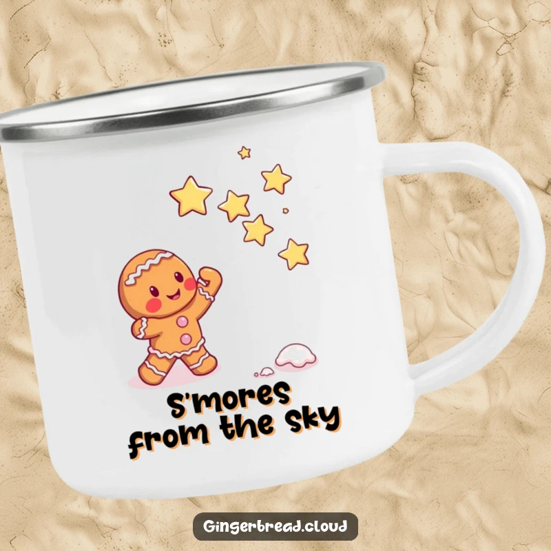 Funny gingerbread character attempting to catch falling sugar stars, durable camping mug, whimsical and adventurous design.