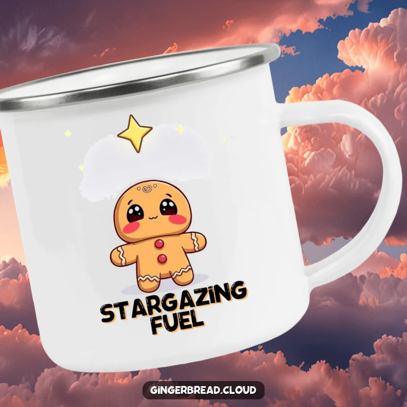 Funny gingerbread character looking up at a starry sky, on a sturdy camping mug.