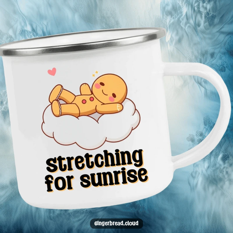 Funny gingerbread character stretching on a fluffy cloud bed, on a sturdy camping mug.