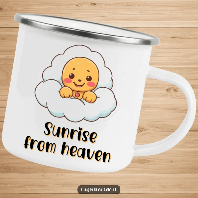 Funny camping mug featuring a gingerbread cookie peeking from a cloud with a grin, perfect for nature lovers.