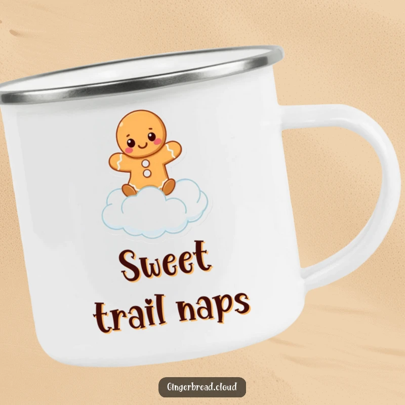Funny enamel camping mug with a happy gingerbread character balancing on a fluffy cloud. For outdoor enthusiasts.
