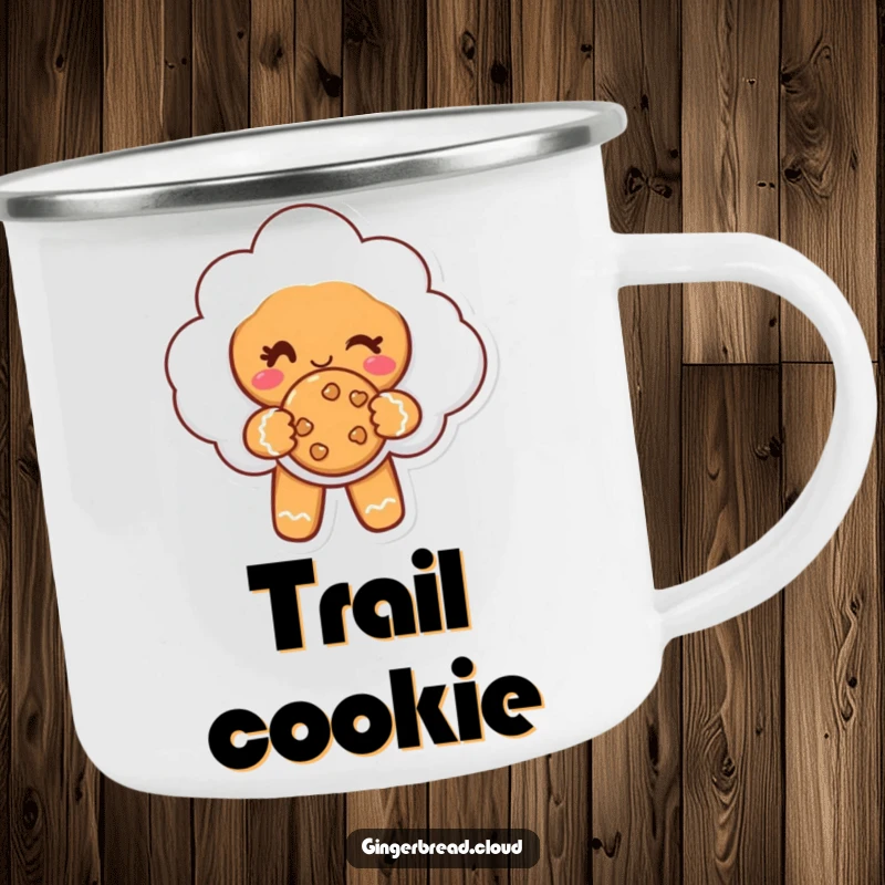 Funny camping mug with a gingerbread cloud character winking and offering a cookie, perfect for sharing on adventures.