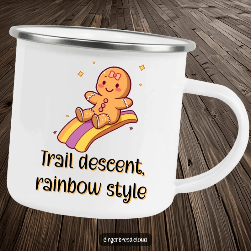 Funny camping mug featuring a gingerbread character sliding down a rainbow, perfect for enjoying beverages during outdoor escapades.