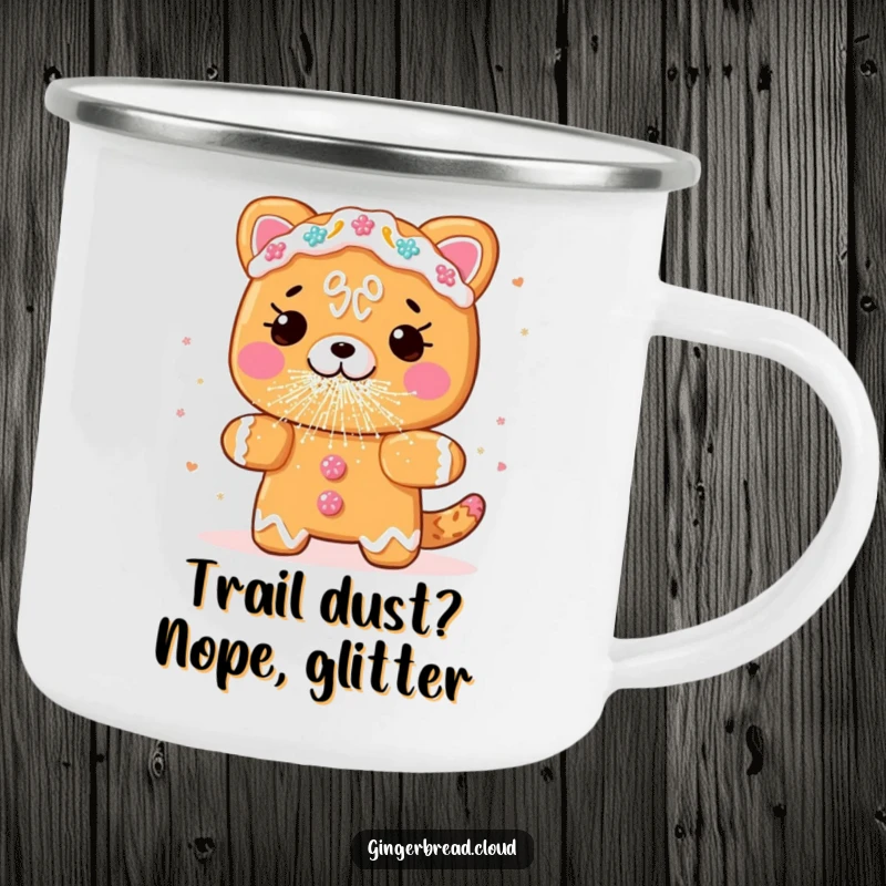 Funny gingerbread animal camping mug, sneezing edible glitter, durable and comical outdoor drinkware, perfect funny gift.