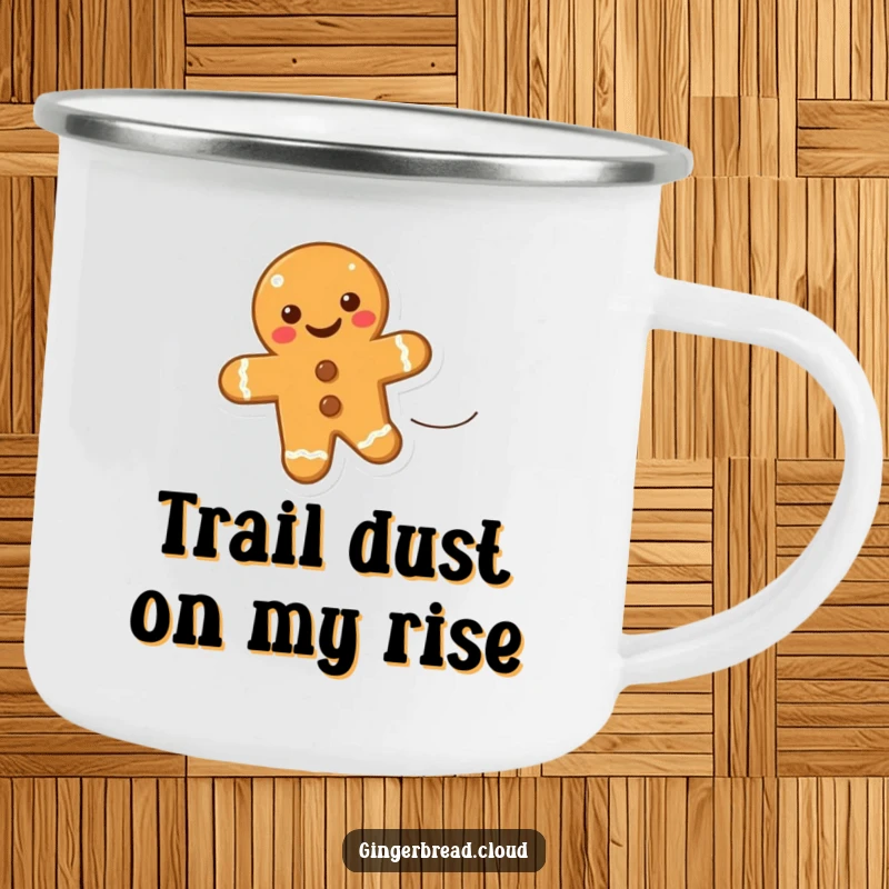 Funny camping mug featuring a happy gingerbread cookie floating on a gust of wind, perfect for enjoying drinks outdoors.