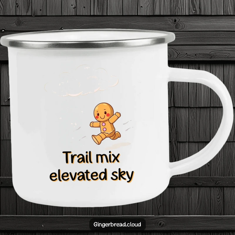 Funny camping mug showing a gingerbread character running with glee through a bright, cloudy sky.