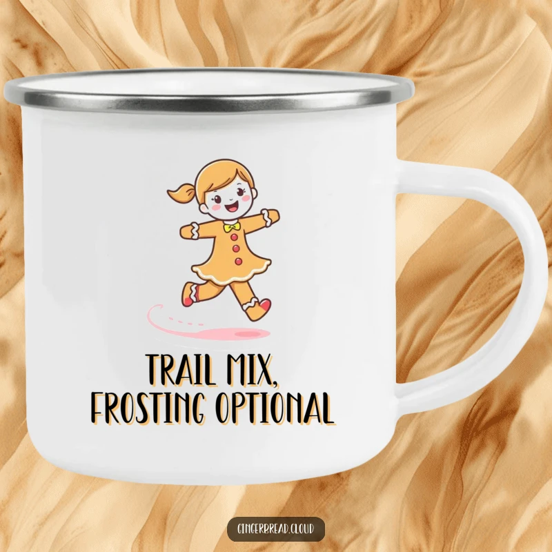 Funny gingerbread woman camping mug, a character skipping, leaving a frosting trail, rugged and charming for outdoor use.