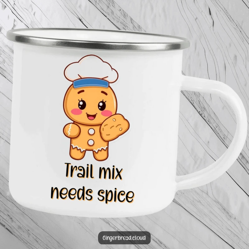 Funny gingerbread cookie character in a chef hat, holding a baked good, on a rugged camping mug for outdoor fun.