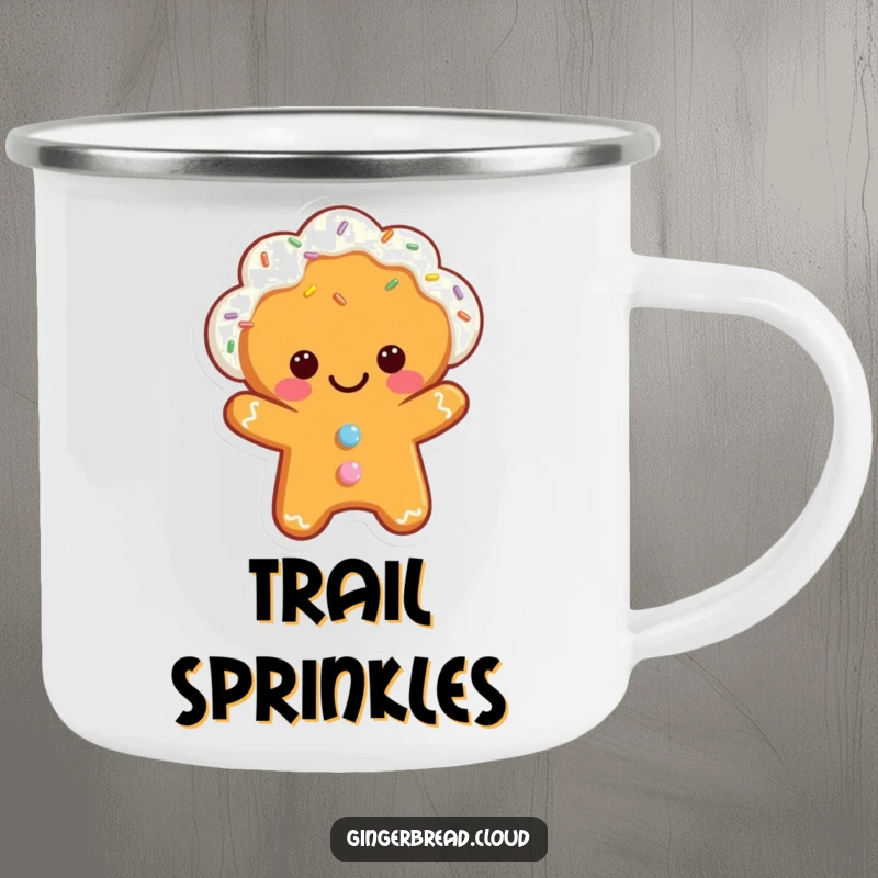 Funny camping mug with a smiling gingerbread cloud character, durable for adventures and decorated with sprinkles.