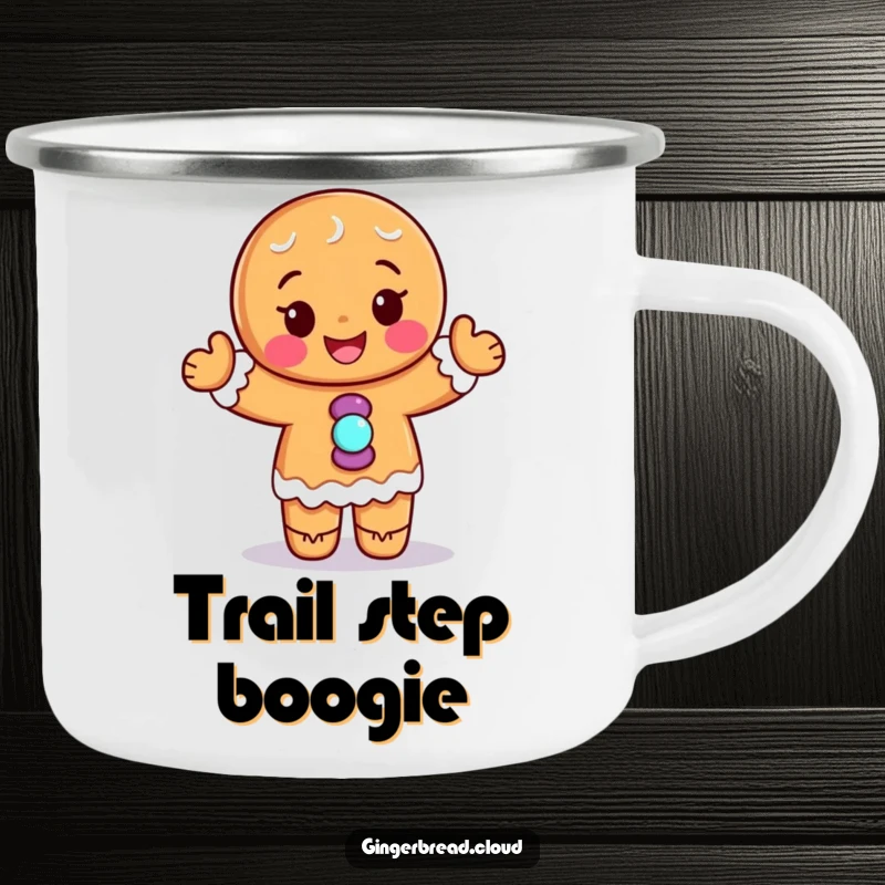Funny camping mug: A gingerbread dancer with candy buttons enjoys the outdoors, inspiring fun adventures.