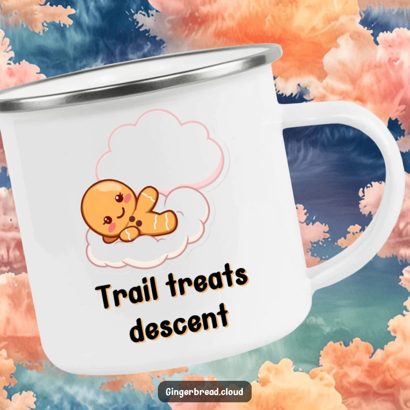 Funny gingerbread camping mug featuring a cute character sliding down a cloud, perfect for outdoor enjoyment.