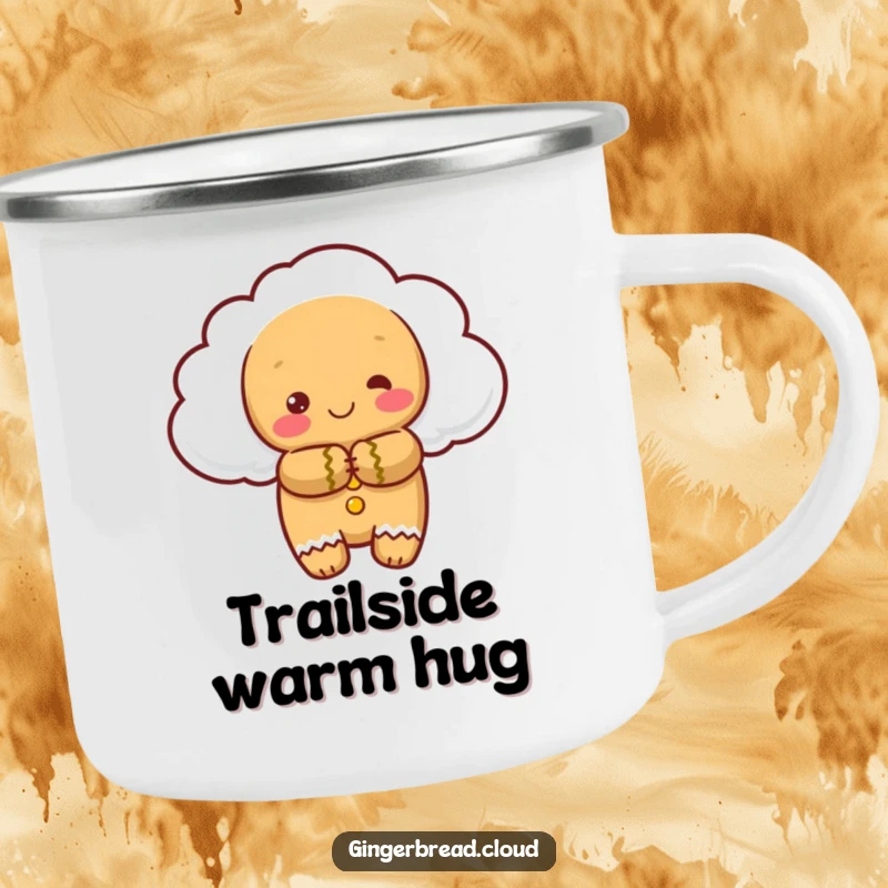 Funny camping mug: A gingerbread cloud character gives a warm hug, ready for outdoor adventures and comfort.