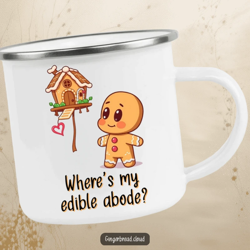 Gingerbread man with big eyes looking up at a floating gingerbread house, designed for a rugged camping mug, bringing magic outdoors.