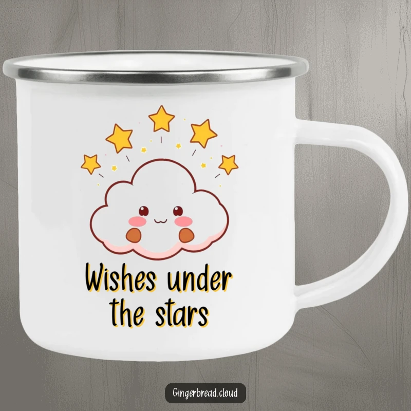 Funny enamel camping mug with a gingerbread cloud character joyfully blowing tiny, bright stars. Perfect for outdoor use.