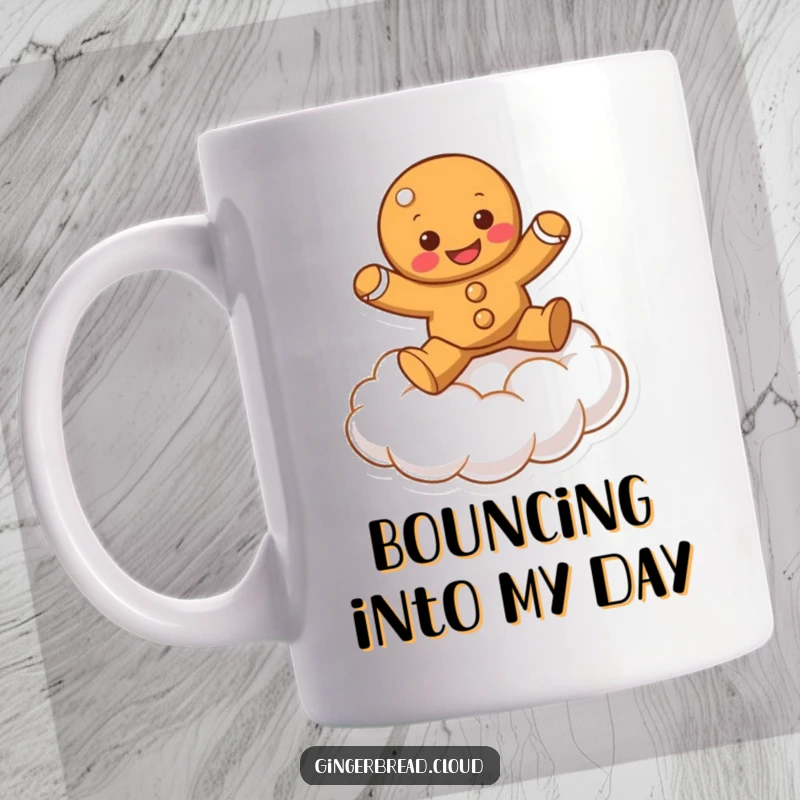 Funny gingerbread character bouncing happily on a soft, bouncy cloud printed on a mug.