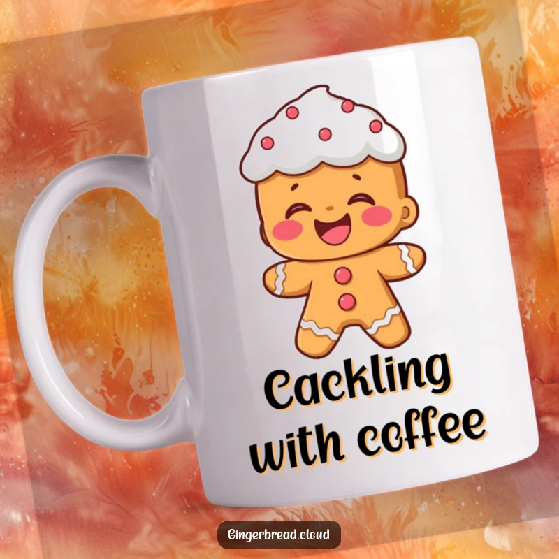 Funny mug: A gingerbread person with colorful frosting hair throws their head back laughing heartily.