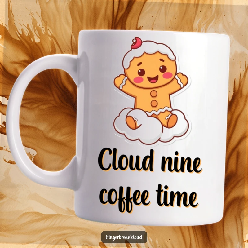 Funny Mug: Smiling gingerbread man with frosting playfully jumping high on a soft, fluffy cloud.