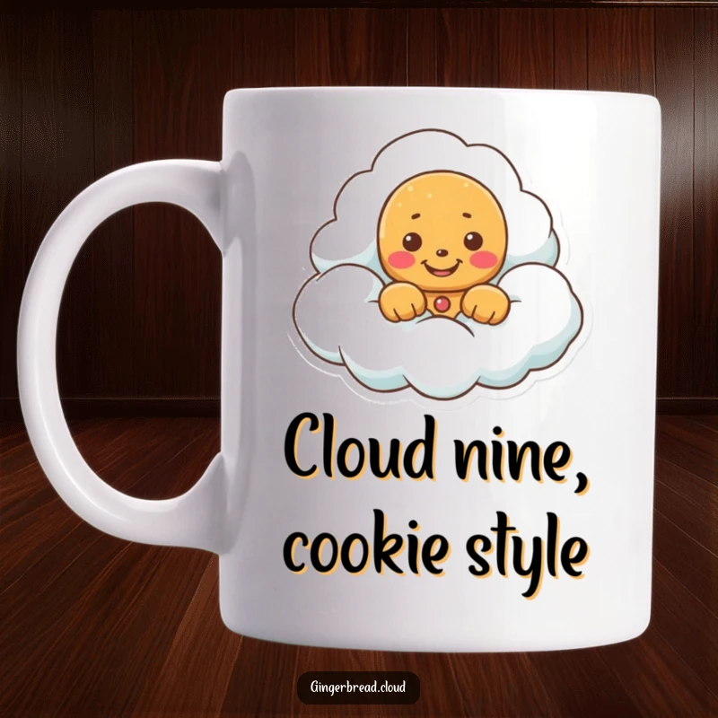 Funny mug featuring a gingerbread cookie peeking out from a fluffy white cloud with a cheeky grin.