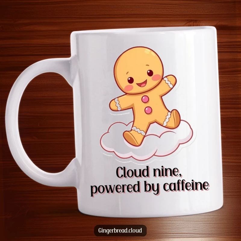 Funny mug with a fluffy gingerbread person skipping gleefully on a soft, white cloud, conveying pure happiness and lightheartedness.