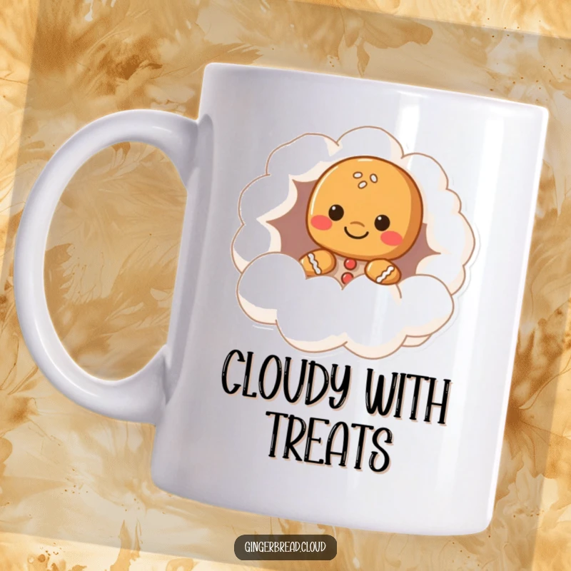 Funny gingerbread character mug, peeking from a cloud hollow, whimsical and cute design, perfect funny gift for fantasy lovers.