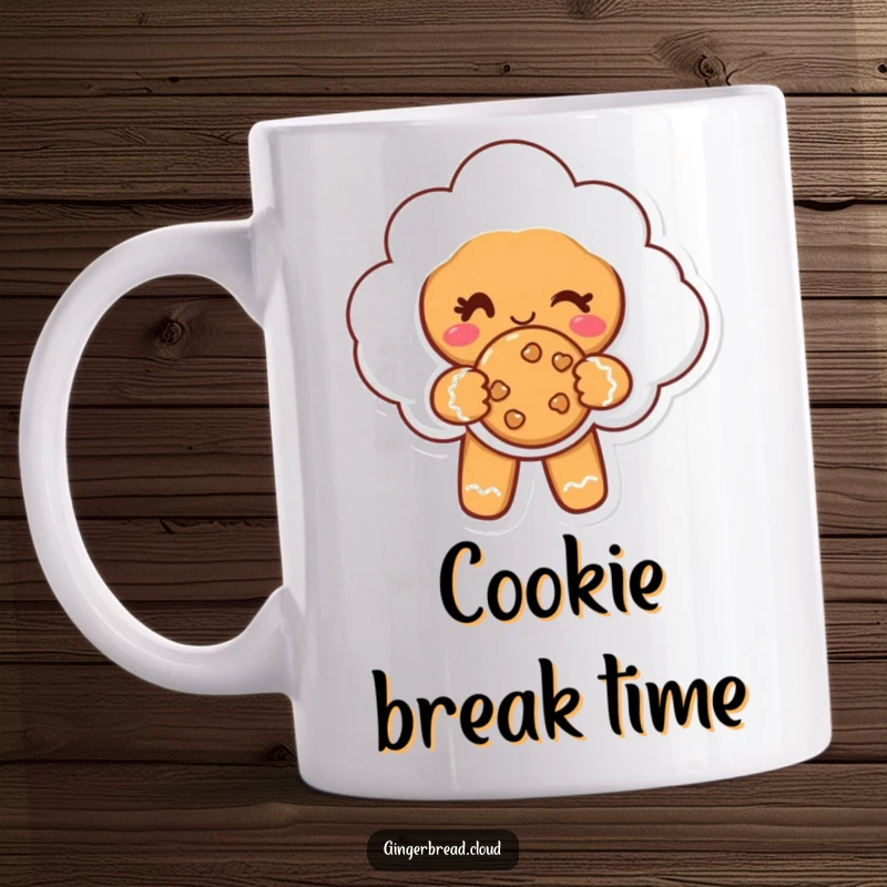 Funny mug featuring a gingerbread cloud character winking and offering a delicious cookie, a sweet gesture.