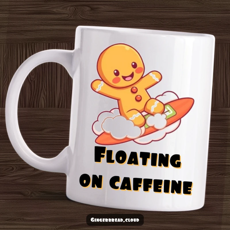Funny grinning gingerbread man surfing on a fluffy cloud like a surfboard, on a cheerful ceramic mug.