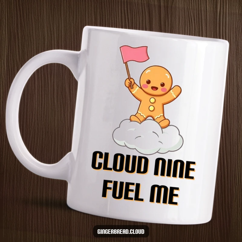 Funny Christmas mug featuring a cute gingerbread man waving a tiny flag triumphantly from a fluffy cloud, spreading holiday joy.