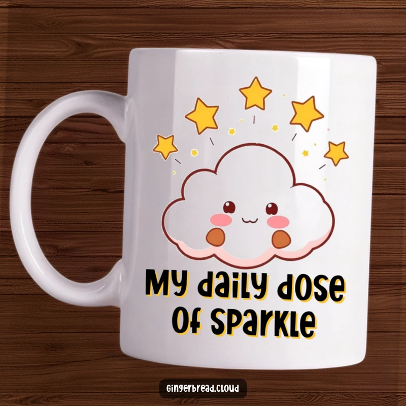 Funny Mug featuring a smiling gingerbread cloud face joyfully blowing tiny, glowing stars into the whimsical sky.