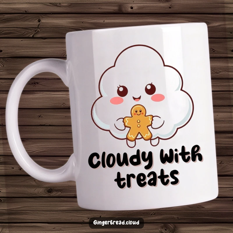 Funny cloud mug showing a smiling, fluffy cloud character generously offering a delicious piece of gingerbread to someone.