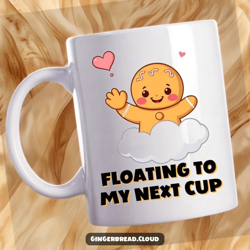 Funny gingerbread character waving goodbye while floating away on a soft cloud, printed on a mug.