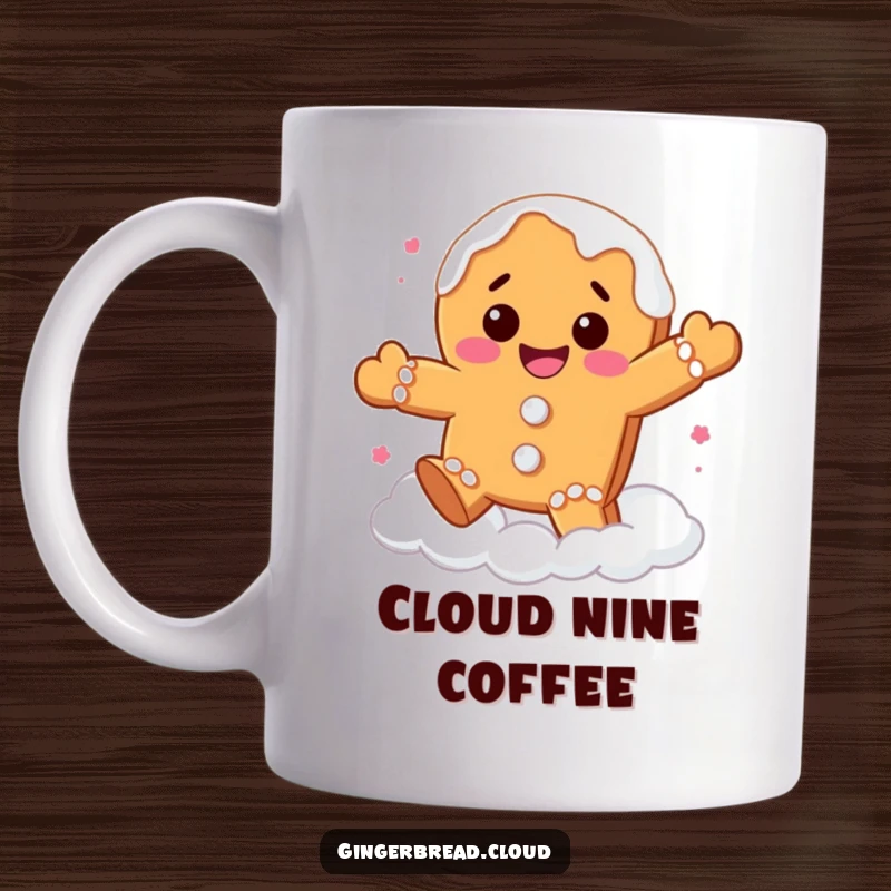 Funny gingerbread cookie mug showing a character with frosting drips joyfully bouncing high on soft white clouds, full of sweet energy.