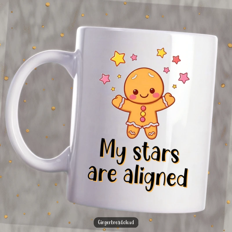 Funny mug: A gingerbread person cloud juggles colorful candy stars with a joyful expression, perfect for a whimsical gift.