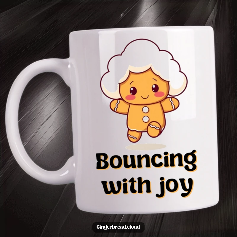 Funny mug featuring a playful gingerbread cloud character mid-bounce, full of energetic and happy vibes.