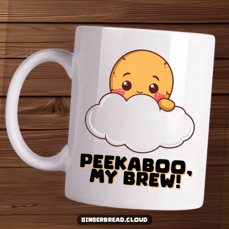 Funny gingerbread character peeking mischievously from behind a soft, fluffy cloud on a ceramic mug.