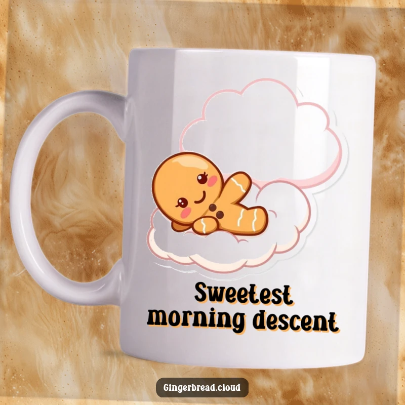 Funny gingerbread character mug depicting a cute cookie delightfully sliding down a fluffy cloud, evoking sweet dreams.