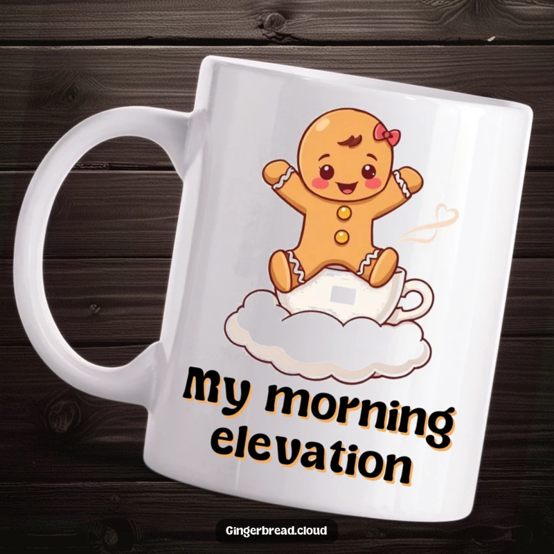 Funny mug depicting a gingerbread boy leaping over a steaming coffee cup shaped cloud, celebrating holiday and coffee joy.