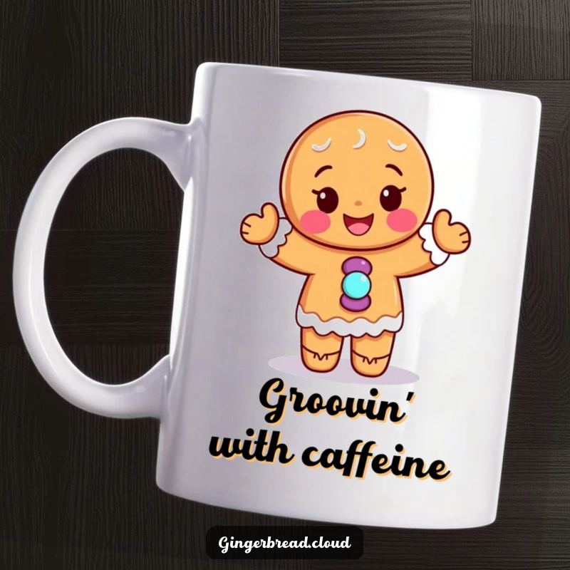 Funny mug: A smiling gingerbread person with colorful candy buttons joyfully dances, radiating pure happiness.