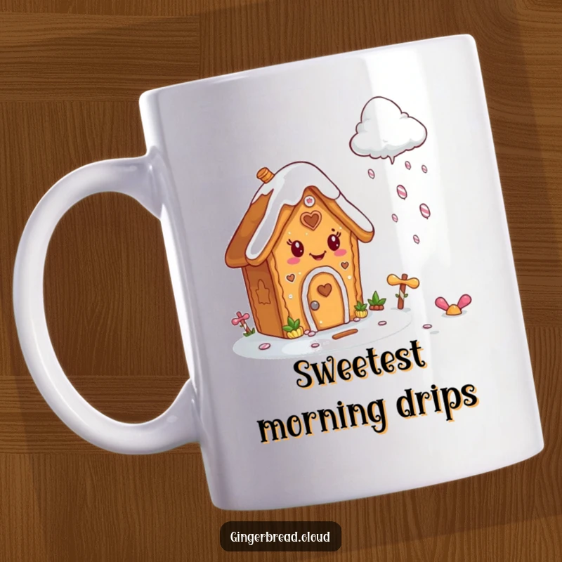 Funny mug featuring a cheerful gingerbread house character with icing, joyfully watching a cloud rain colorful candy.